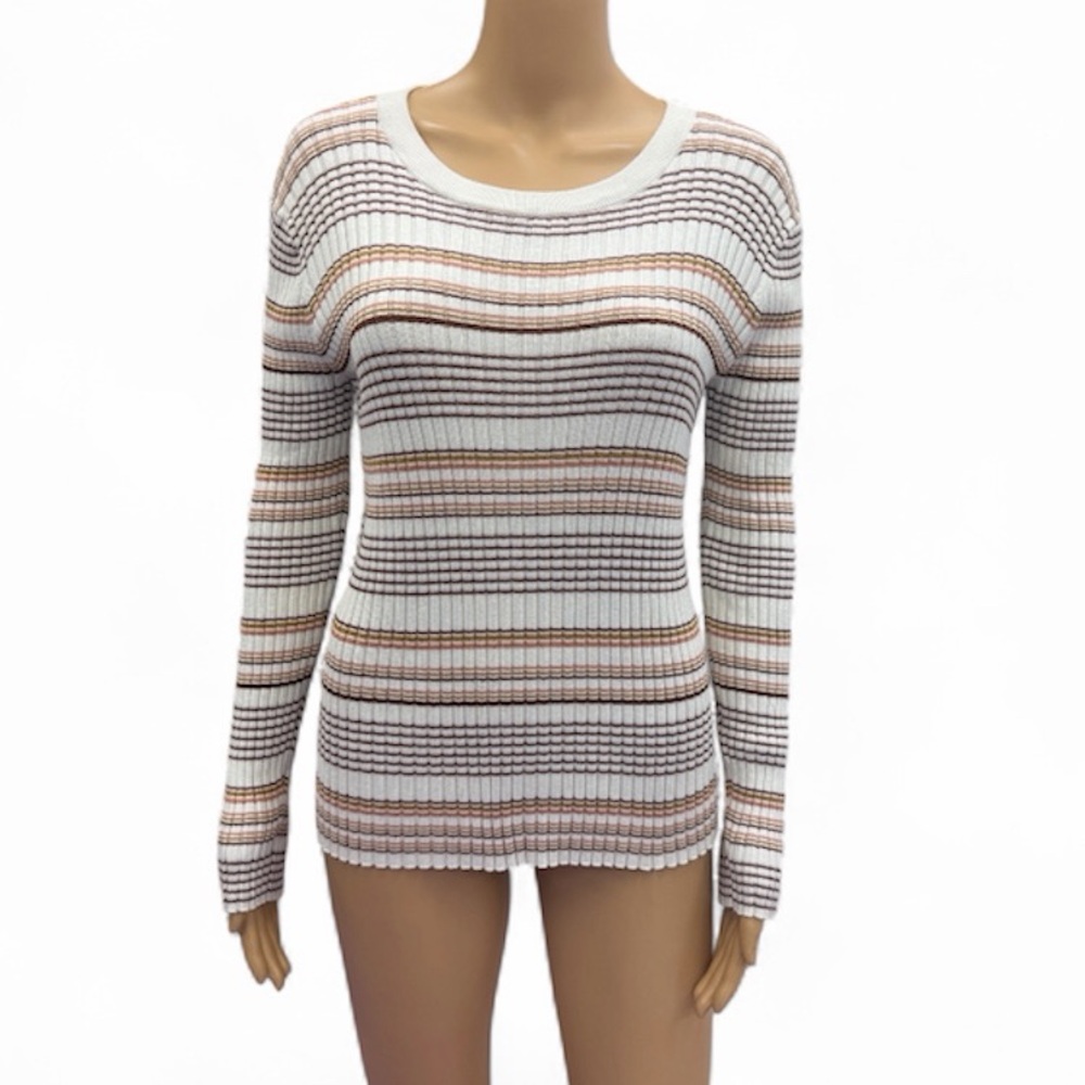 Nine West Striped Ribbed Long Sleeve Knit Top Ivory Brown Womens XL